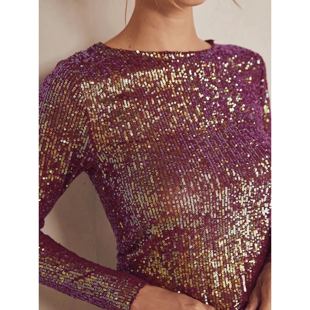 Free People Gold Rush Wine Long Sleeve Sequin Sparkle Top Blouse Shirt Medium - Picture 3 of 8